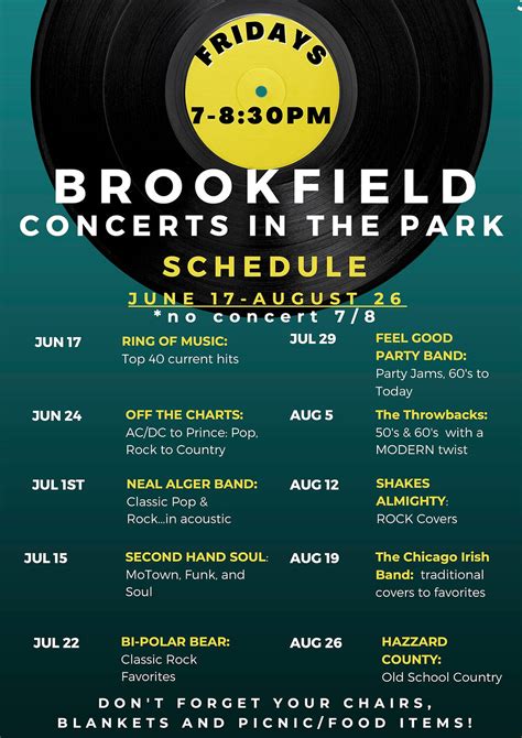 Jun 6, 2022 The 2022 concert series schedule follows below Saturday, June 18th from 1 to 7 p. . Brookfield summer concert series